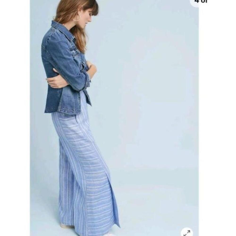 Anthropologie Pants Womens US 10 Light Blue Striped Wide Leg Tassel Belt Linen - Picture 4 of 10